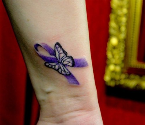 Purple Ink Ribbon And Butterfly Cancer Tattoo On Wrist