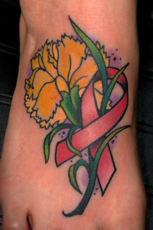 Yellow Flower And Pink Ribbon Cancer Tattoo