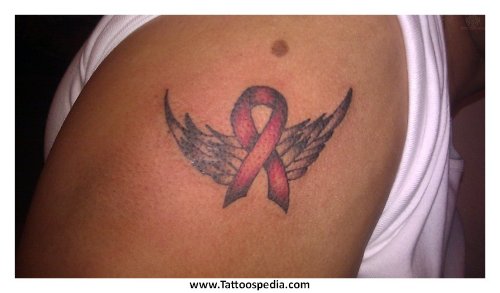 Winged Ribbon Cancer Tattoo On Right Shoulder