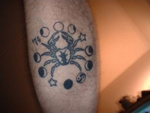 Grey Ink Crab Cancer Tattoo On Sleeve