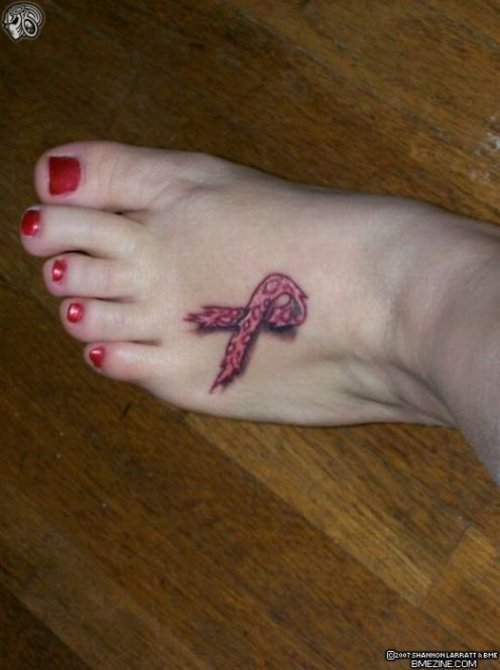 Girl Left Foot Ribbon Cancer Tattoo
