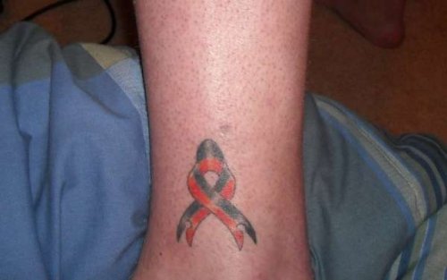 Black And Red Ribbons Cancer Tattoo On Ankle