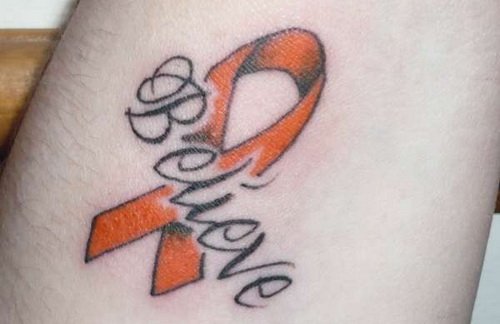 Believe With Banner And Cancer Tattoo