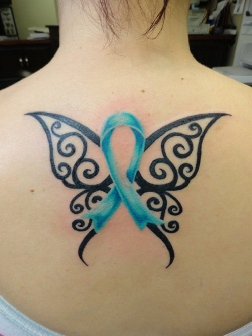 Upperback Butterly And Cancer Tattoo