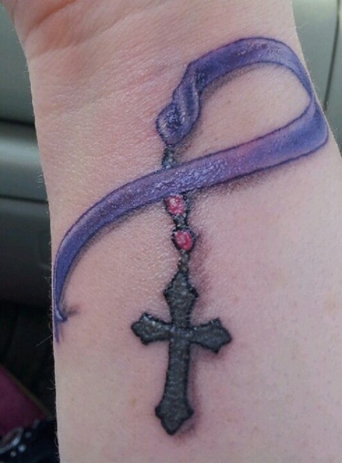 Purple Ribbon And Cross Cancer Tattoo