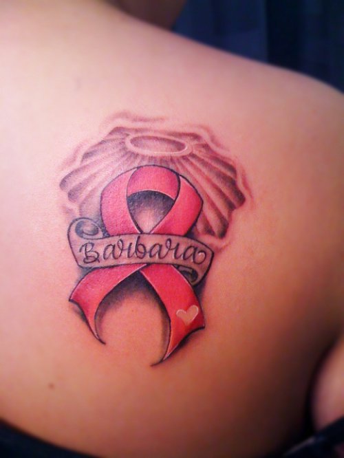 Amazing Banner And Cancer Tattoo On Right Back Shoulder