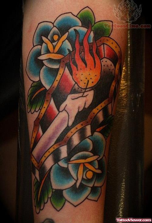 Flowers And Candle Tattoo