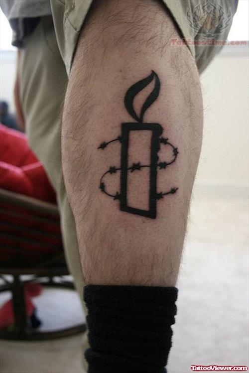 Black Ink Candle Tattoo On Leg
