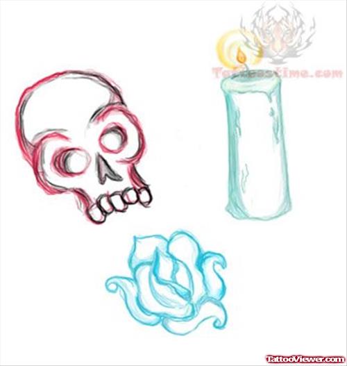 Skull Flower And Candle Tattoo Design