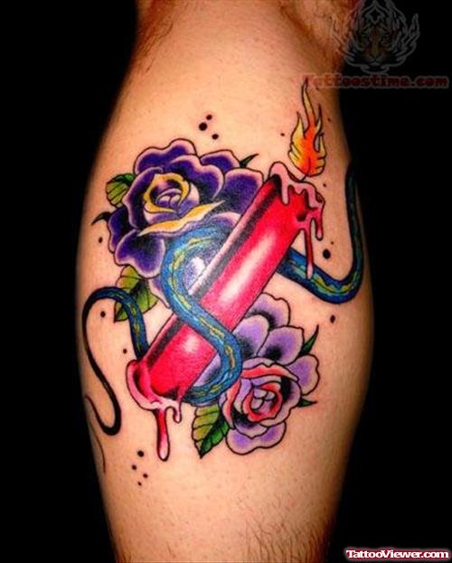 Flowers And Red Candle Tattoo