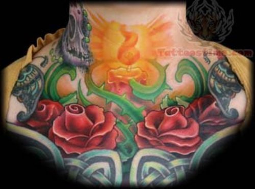 Roses With Candle Tattoo On Neck