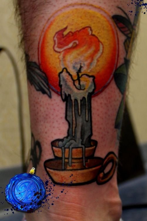 Burning Candle Tattoo On Back Leg