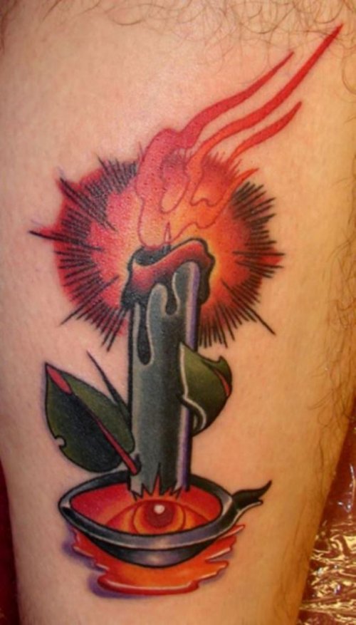 Traditional Eye And Burning Candle Tattoo On Leg