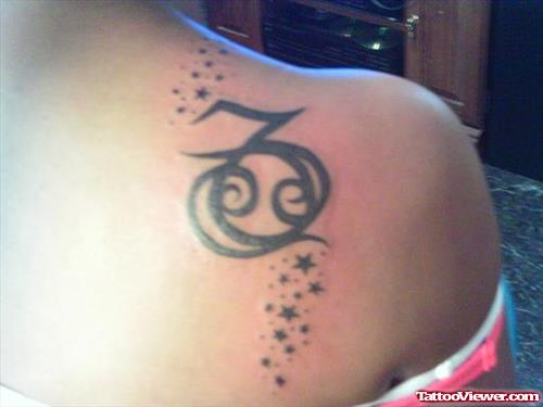 Stars And Capricorn Tattoo On Back Shoulder