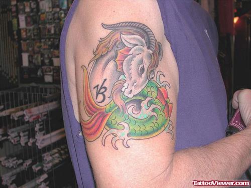 Colored Capricorn Tattoo On Right Half Sleeve