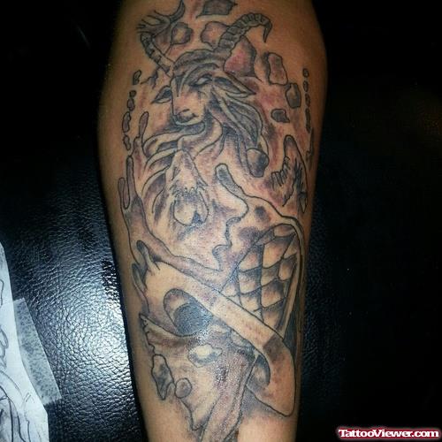 Attractive Grey Ink Capricorn Tattoo On Sleeve