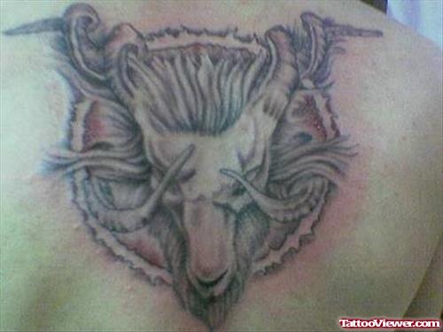 Grey Ink Zodiac Capricorn Tattoo On Back