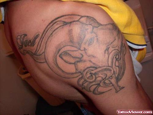 Grey Ink Capricorn Tattoo On Right Shoulder