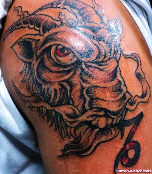 Capricorn Head Grey Ink Tattoo On Half Sleeve