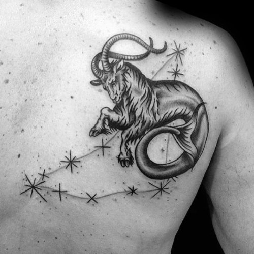 Right Back Shoulder Grey Ink Capricorn Tattoo