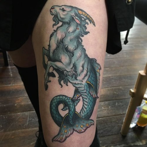 Amazing Capricorn Tattoo On Left Thigh by Ryan Scapegoat