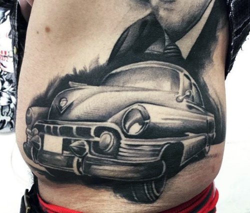 Grey Ink car Tattoo On Side Rib