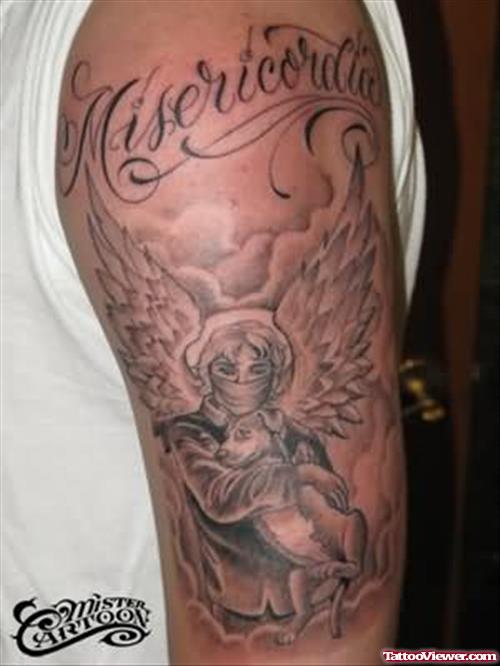 Angel & Dog Cartoon Tattoo On Bicep