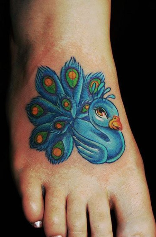 Blue Ink Peacock Cartoon Tattoo On Right Foot