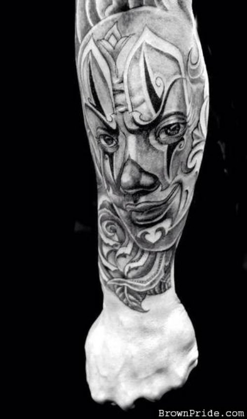 Grey Ink Clown Cartoon Tattoo On Left Leg