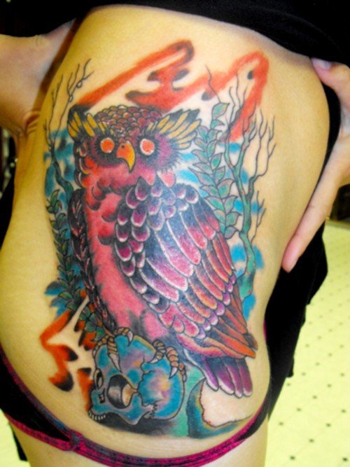 Colored Owl Cartoon Tattoo On Side Rib