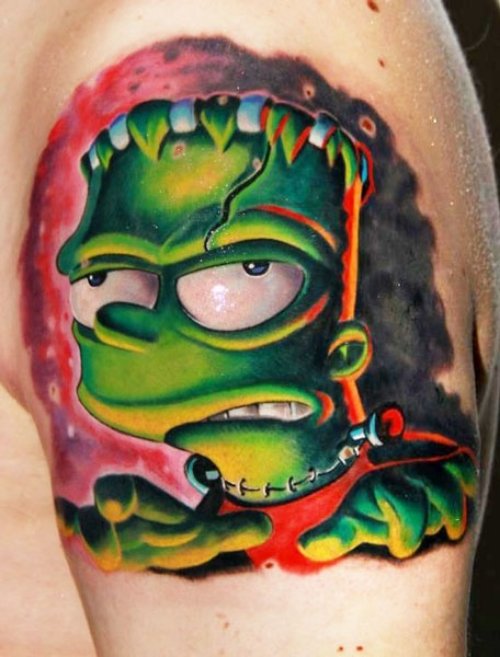 Man Left Shoulder Zombie Cartoon Tattoo