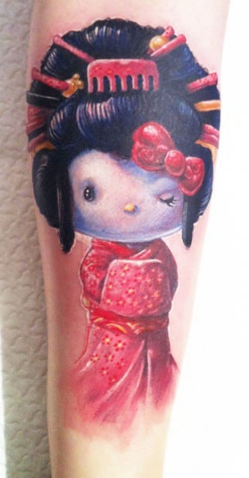 Colored Beautiful Geisha Cartoon Tattoo