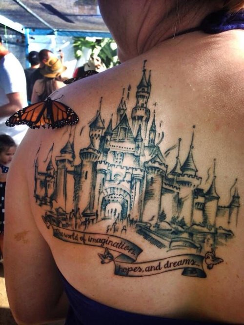 Left Back Shoulder Grey Ink Castle Tattoo For Girls