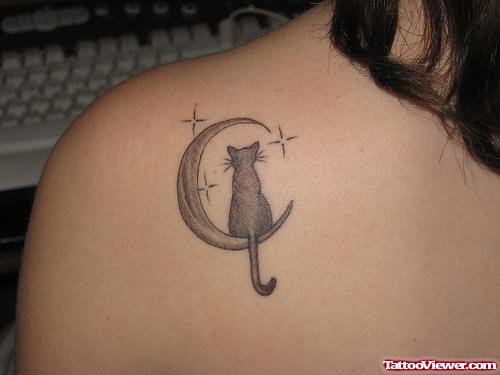 Cat Sitting on Moon Tattoo On Back