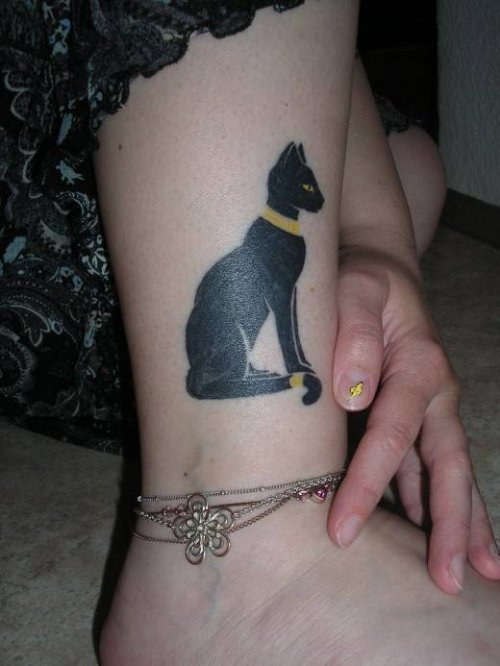 Black Ink Egyptian Cat Tattoo On Leg