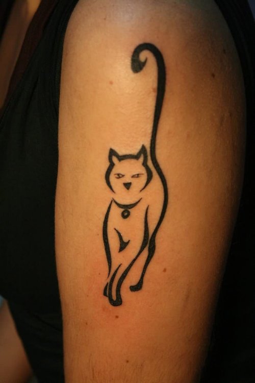 Stylish Black Cat Tattoo On Half Sleeve