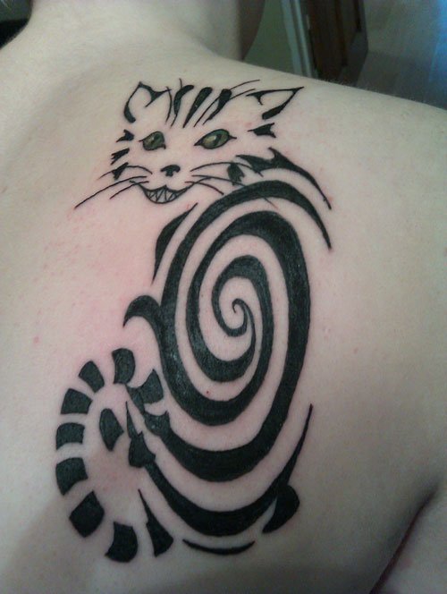 Black Spiral Cat Tattoo On Back Shoulder