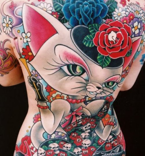 Colored Cat With Flowers Tattoo On Back
