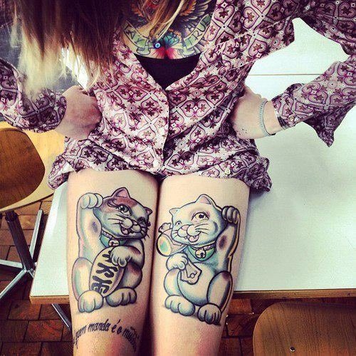 Cat Tattoos On Girl Both Thigh