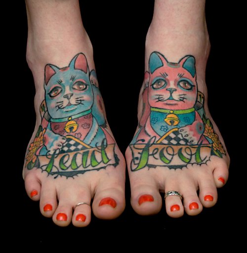 Colored Lucky Cat Tattoos On Feet