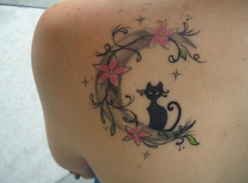 Flowers Moon And Cat Tattoo On Left Back Shoulder