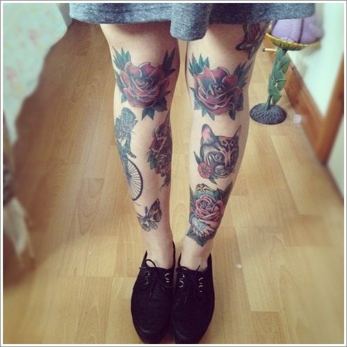 Rose Flowers And Cat Tattoos On Leg For Girls