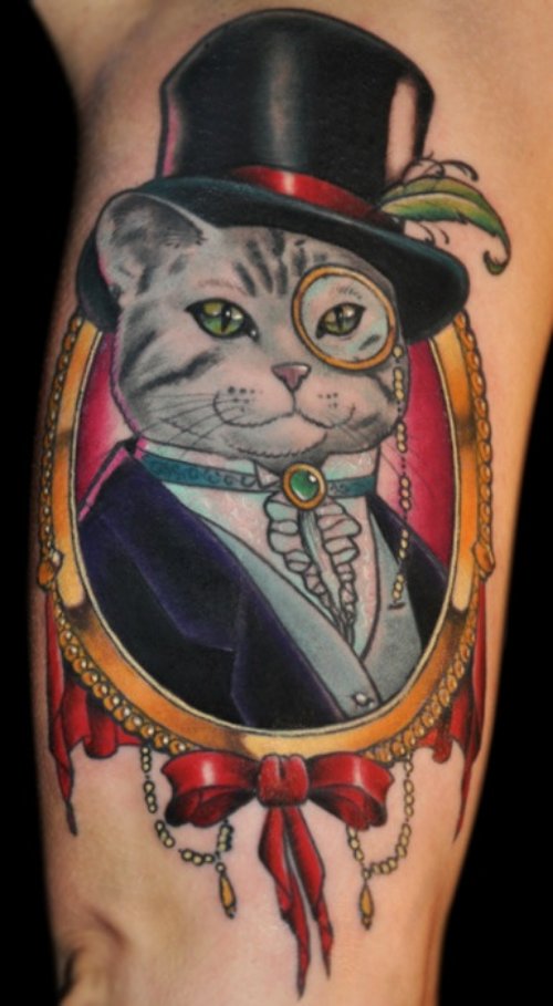 Funny Cat Tattoo On Leg