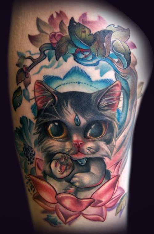 Colored Cat Tattoo On Half Sleeve