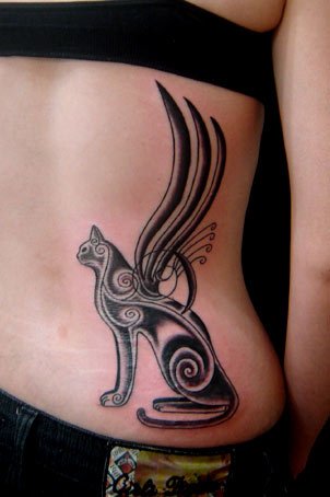 Egptian Cat Tattoo On Side Rib