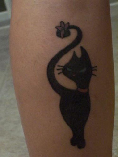 Attractive Black Ink Cat Tattoo On Sleeve