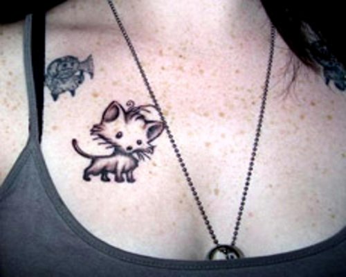 Cat Tattoo On Girl Collarbone