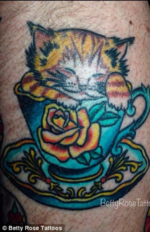 Yellow Rose And Cat In Cup Tattoo