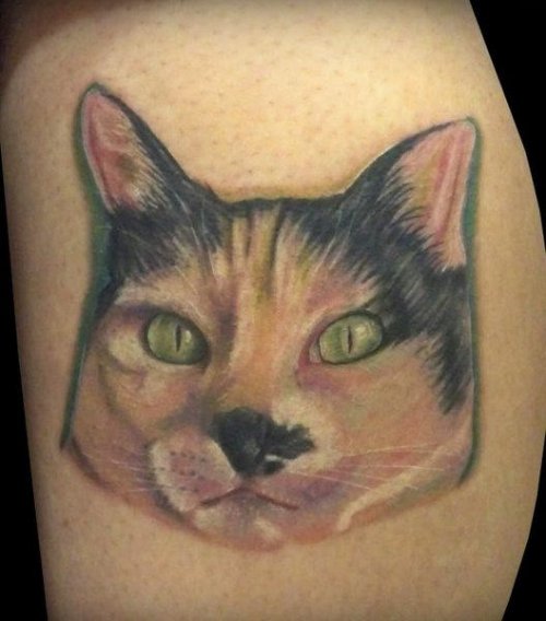 Amazing Green Eyes Cat Head Tattoo