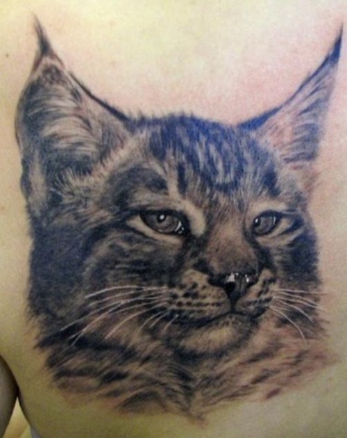Beautiful Grey Ink Cat Head Tattoo